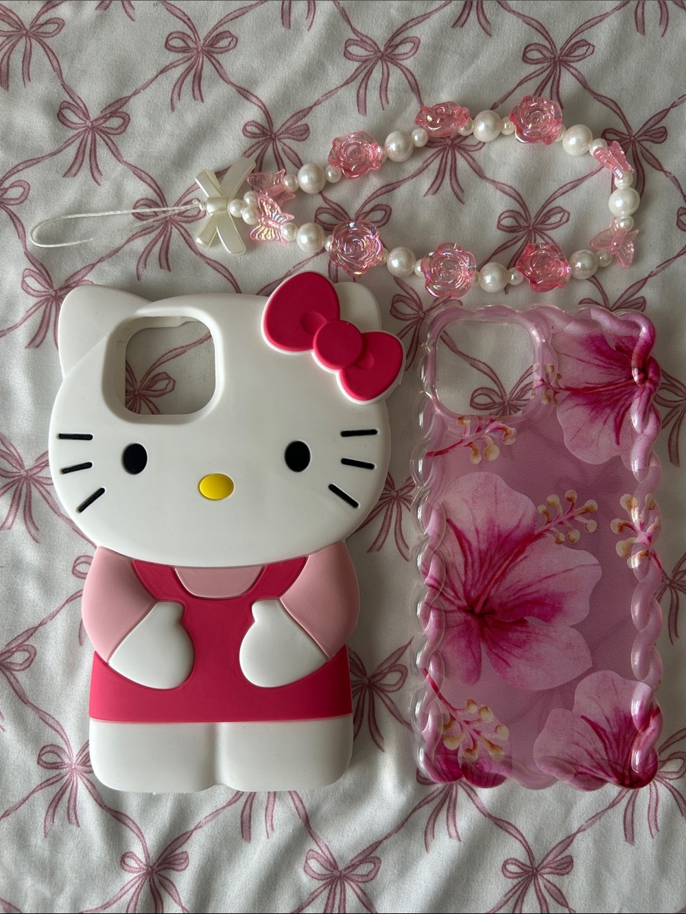 💖iPhone 14 CUTE Phone Case Bundle includes Charm✨Hello Kitty Pink Floral